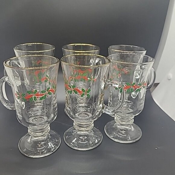 Other - VTG Libbey Christmas Holly Berry Irish Coffee Mugs Glass footed Gold rim